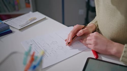 Student Hands Writing Homework Home Desk Closeup Woman Studying at Class Room