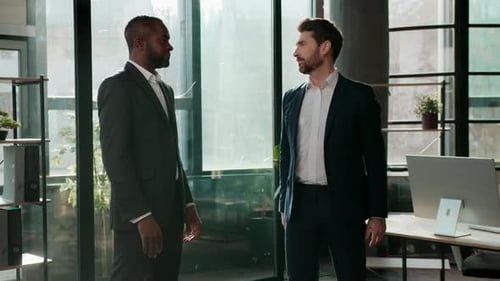 Two Men Business Team Multiethnic Businessmen Handshaking Talking in Office Teamwork Partnership