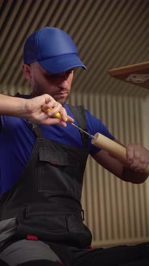 Craftsman Repairs a Wooden Object Using Tools in a Workshop with Focus on Precision and Skillful
