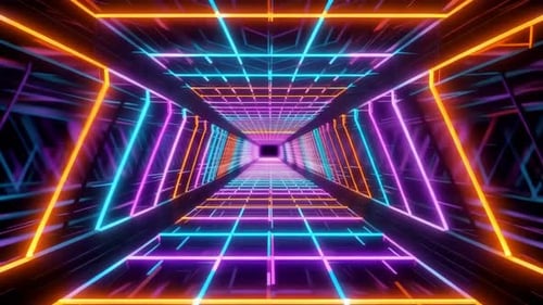 Retro Futuristic Neon Grid Tunnel Motion Background