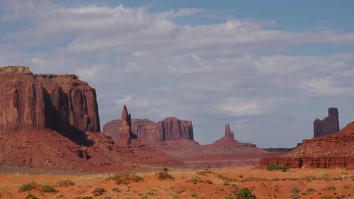 Stunning rock formations rise dramatically from the arid desert landscape of Monument Valley.