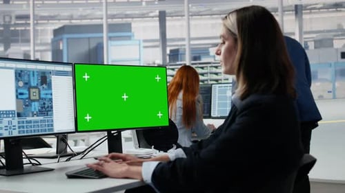Mockup PC Used By Woman in Semiconductors Factory Office