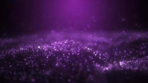 Vagues d'énergie brillantes violettes abstraites provenant de particules et de points magiques avec effet de flou sur l'obscurité