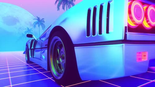 80s Sci Fi Car Drives Fast On Neon Green Road Loop