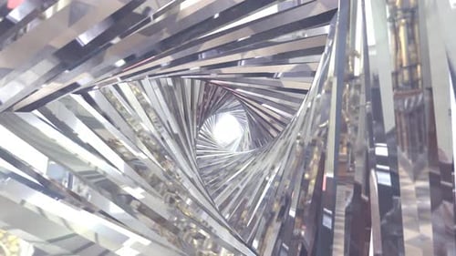 Abstract metallic shiny silver chrome polyhedral tunnel frame made of lines of hexagonal edges, mech