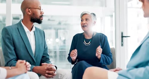 Manager, talking and employees in office, workplace and discussion for job, training and work