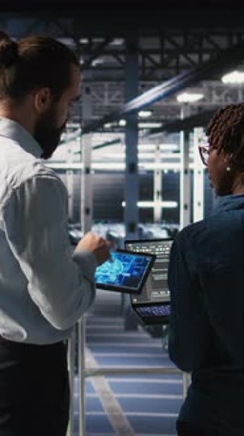 Vertical Video Data Center Engineering Team Doing Maintenance on AI Servers