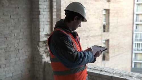 Um engenheiro de construção está examinando os desenhos de trabalho de um prédio alto.