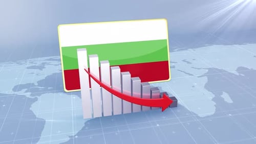 Bulgaria Flag With Decrease Bar Chart Graph And Arrow Red