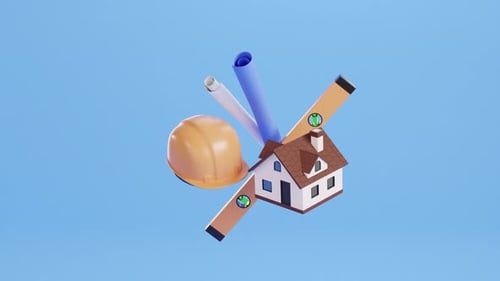 Loop animation of construction tools - spirit level, hard hat, blueprints and house.