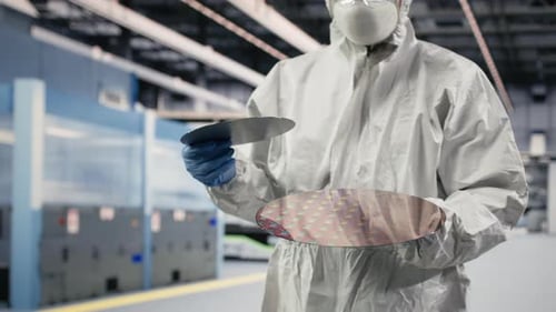 Technician Examining Semiconductor Substrate in Cleanroom of Manufacturing Plant