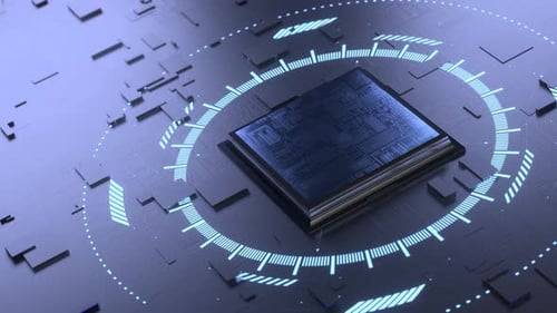 concept of artificial intelligence. Processor on the motherboard. Microchip on an electronic board.