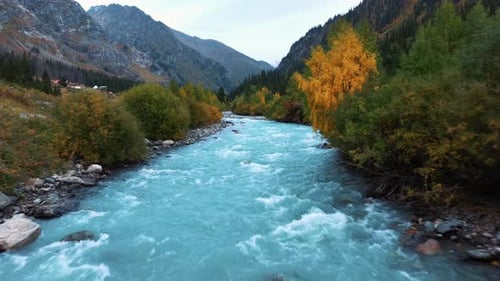 Aerial view of river surrounded with green trees and mountains