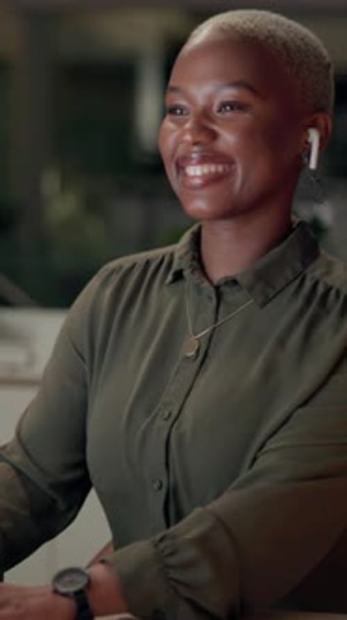 Black woman, earphones and music by dancing in office for good news, listening podcast