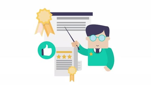 Animated Instructor Presenting Quality Report and Feedback Icons