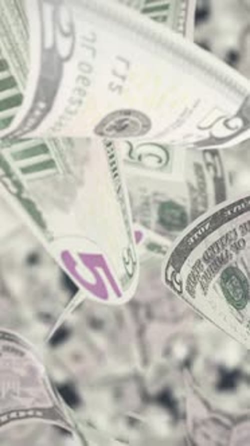 Realistic Five Dollar Bills Falling Cinematically With Abraham Lincoln Dollar Vertical