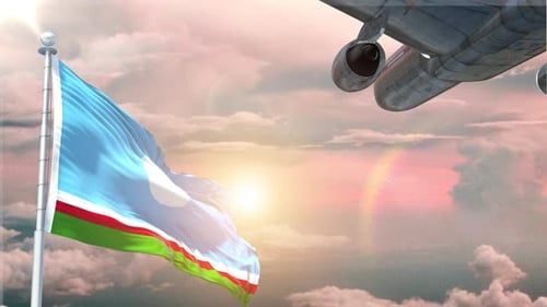 Realistic Flag Waving with Airplane Flying in Sunny Sky