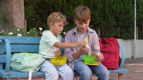 Children eating lunch sandwiches in school yard during break, sitting on the bench. Share the food,