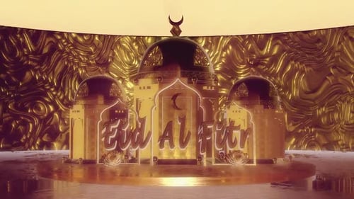 Golden Eid Al Fitr Title Animation with Ornate Mosque Domes
