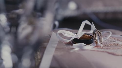 Pair Of Wedding Rings Tied With White Ribbon. Groom And Bride Wedding Bands. closeup