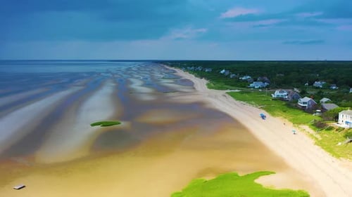 Cape Cod Aerial Drone of Low Tide Beach with Storm Clouds on Horizon