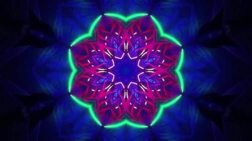 Blue and purple flower with green center on black background. Kaleidoscope VJ loop