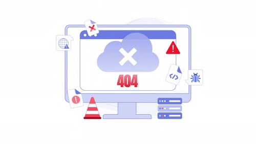 Die
Cloud-Synchronisierung schlägt fehl, Animation, 404-Fehler, Website und Daten. Geeignet für Tech-Blogs, Cybersicherheit.