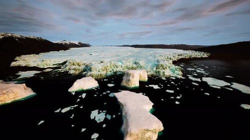 Melting Glacier with Icebergs in Dark Water Landscape
