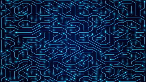 Futuristische Technologie-Neonanimation von CPU, GPU und Leiterplatte