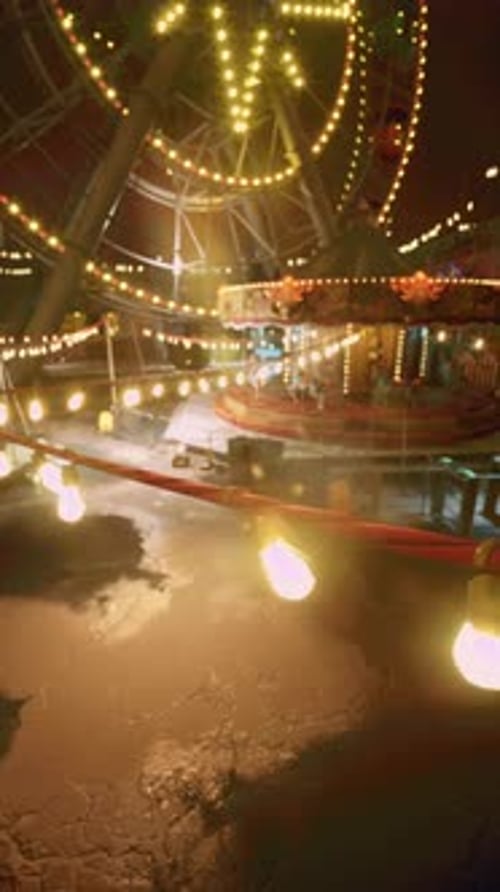 Illuminated Fairground Rides Spinning at Night