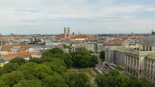 Aerial Establishing Shot of Downtown Munich, Germany. Frauenkirche Cathedral