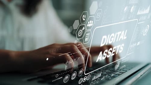 Close-up View of Hands Typing on Laptop with Digital Assets Concepts and Graphics Overlay for Financ