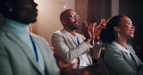 Happy, business people and night with applause in meeting for congratulations