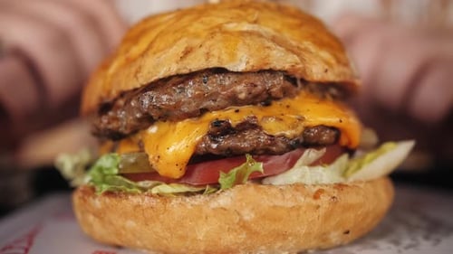 Close Up of Big Tasty Fried Cheeseburger in Hands