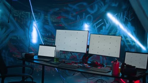 Futuristic hacker computer station with multiple monitors