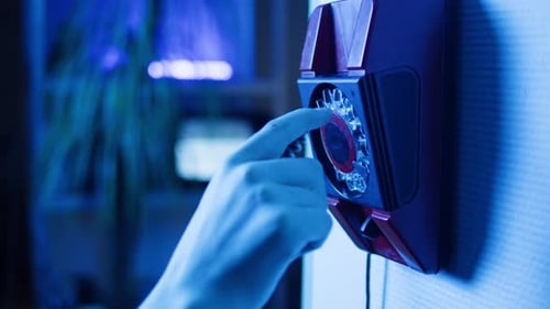 Retro Vintage Phone Red Rotary Telephone is Displayed on a Wooden Desk Adding a Nostalgic Touch