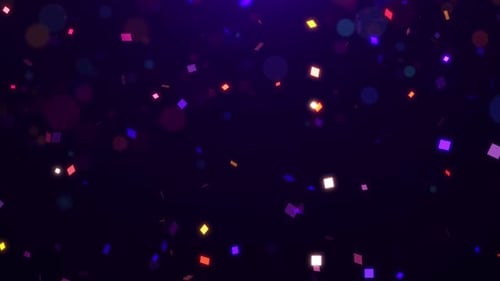 Falling multi-colored confetti particles and beautiful glowing bokeh. Colorful abstract background