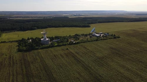 Aerial Panoramic View on the Space Communication Station with Large Size Antenna