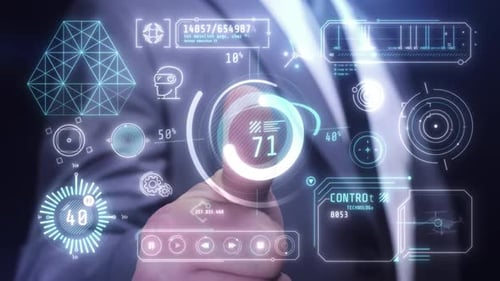 Futuristic Holographic Interface Displaying Technology Data and Business Analytics