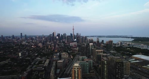 Panoramic drone shot of Niagara district and Toronto skyline, sunrise in Canada