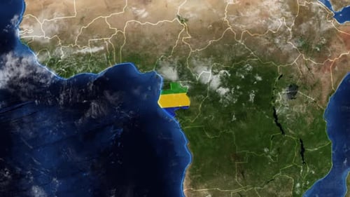 Earth Zoom to Gabon Map with Flag Highlight