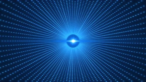 Futuristischer blauer Gittertunnel mit zentralem optischem Flare: Zusammenfassung der digitalen Technologie und des Cyberspace