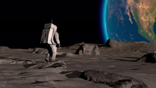 Astronaut Walks on Moon Surface with Distant Earth View