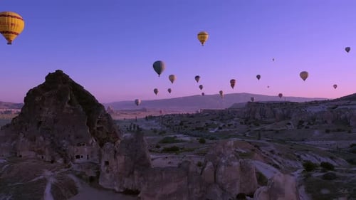 Scenic Landscape with Hot Air Balloons at Sunrise