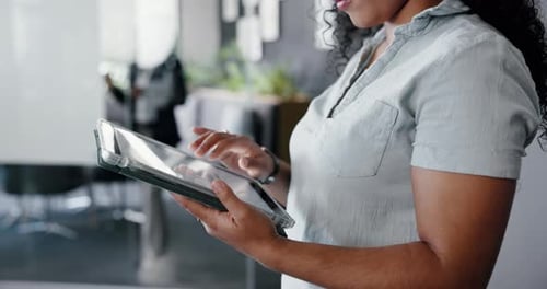 Hands, tablet and business woman in office for research project, website review and internet
