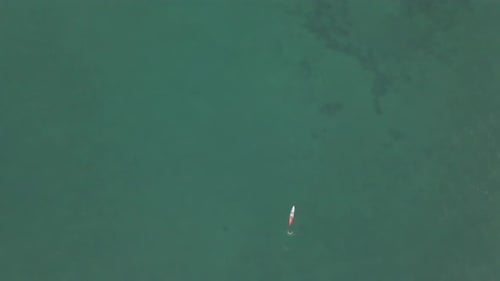 Vertical aerial looks down on lone paddleboarder on shallow green sea