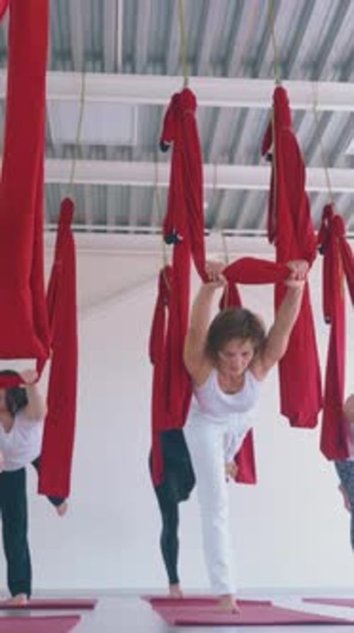 Women Stand on One Leg Holding Fly Yoga Hammock Above Head