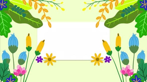 Beautiful floral cartoon animation spring with oval white frame. With lime background.