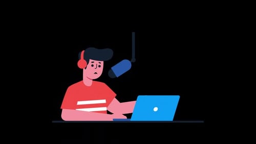 Animated Flat Design Podcaster with Laptop and Microphone