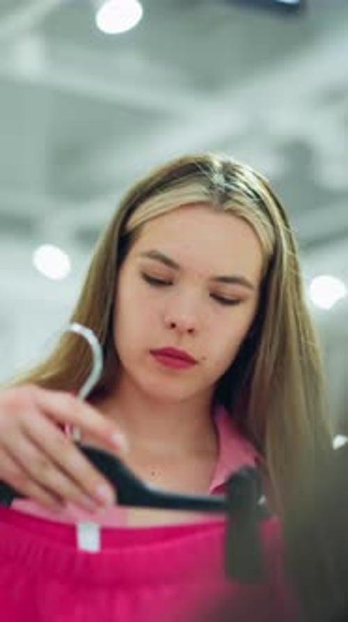 Jeune femme en chemise rose observant un collant rose dans un centre commercial bien éclairé